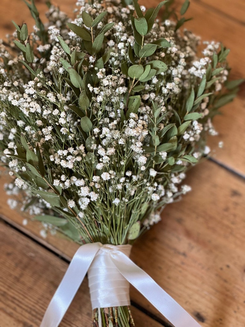 Dried gypsophila and eucalyptus bouquet, Dried bridal bouquet, Rustic wedding bouquet, Dried flower bouquet, Dried bridal flowers. image 5