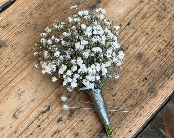 Dried gypsophila buttonhole, Sage green wedding flowers, Dries flower buttonhole, Dried wedding flowers, Sage green buttonhole.