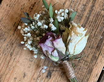 Dried rose buttonhole, Dried flower buttonhole, Pink rose buttonhole, Dried cream rose buttonhole, Dried gypsophila boutonniere.