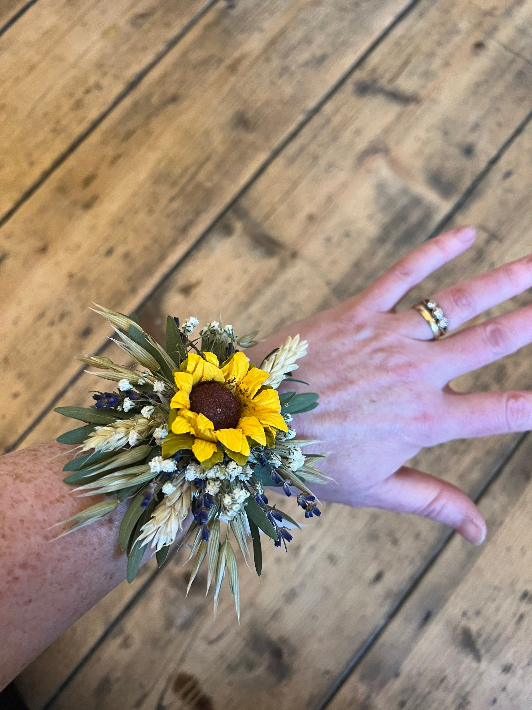 Dried Flower Wrist Corsage, Sunflower Wedding Corsage, Wedding