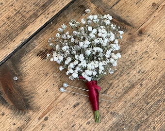 Christmas wedding flowers, Dried gypsophila buttonhole, Dried flower buttonhole, Dried baby’s breath boutonniere, Christmas buttonholes.