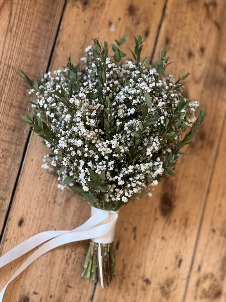 Dried gypsophila and eucalyptus bouquet, Dried bridal bouquet, Rustic wedding bouquet, Dried flower bouquet, Dried bridal flowers. image 4
