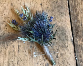 Dried blue thistle buttonhole, Grooms buttonhole, Dried flower buttonhole, Scottish wedding flowers, Dried wedding flowers.