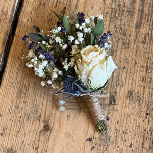 Dried rose and thistle buttonhole, Scottish wedding, Dried blue thistle buttonhole, Dried cream rose grooms buttonhole,Dried rose buttonhole