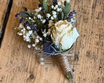 Dried rose and thistle buttonhole, Scottish wedding, Dried blue thistle buttonhole, Dried cream rose grooms buttonhole,Dried rose buttonhole