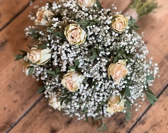 Dried cream rose bouquet, Dried natural bridal bouquet, Dried gypsophila bouquet, Dried eucalyptus bouquet, Cream rose wedding bouquet.