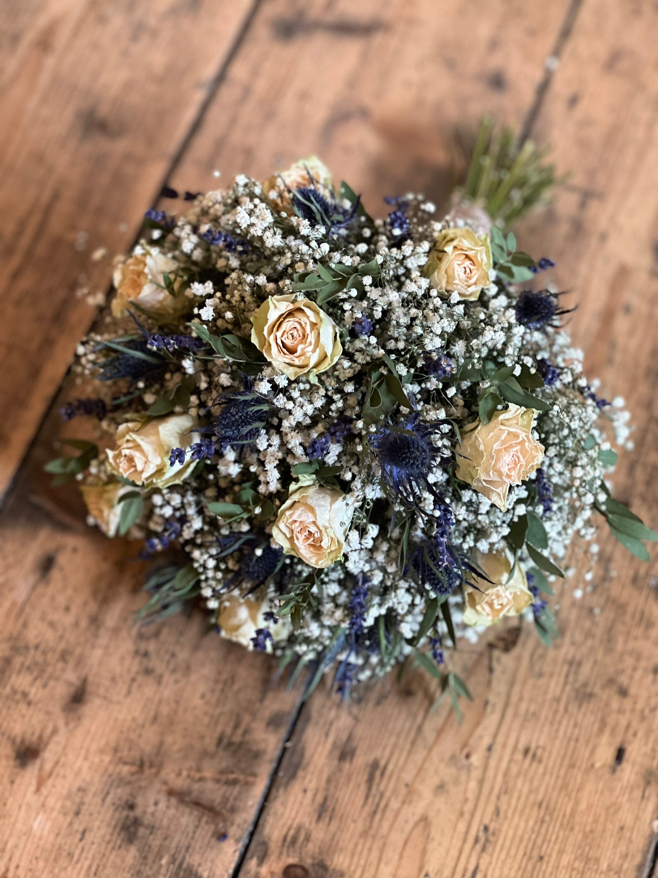 Dried Cream Rose Bouquet, Dried Blue Thistle Bouquet, Scottish Wedding ...