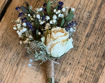 Dried thistle and rose buttonhole, Dried green thistle buttonhole, Scottish wedding, Dried cream rose buttonhole, Dried flower buttonhole.