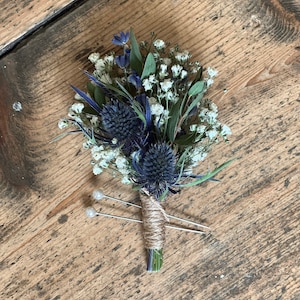 Dried blue thistle buttonhole, Grooms buttonhole, Dried flower buttonhole, Dried eucalyptus buttonhole, Scottish wedding flowers. image 6