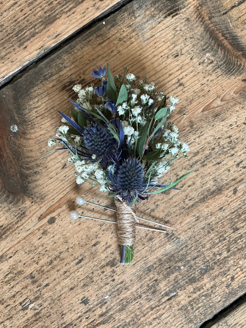 Dried blue thistle buttonhole, Grooms buttonhole, Dried flower buttonhole, Dried eucalyptus buttonhole, Scottish wedding flowers. image 6