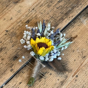 Sunflower wedding buttonhole, Dried flower buttonhole, Grooms buttonhole, Sunflower wedding flowers, Dried gypsophila buttonhole.