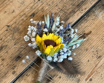 Sunflower wedding buttonhole, Dried flower buttonhole, Grooms buttonhole, Sunflower wedding flowers, Dried gypsophila buttonhole.