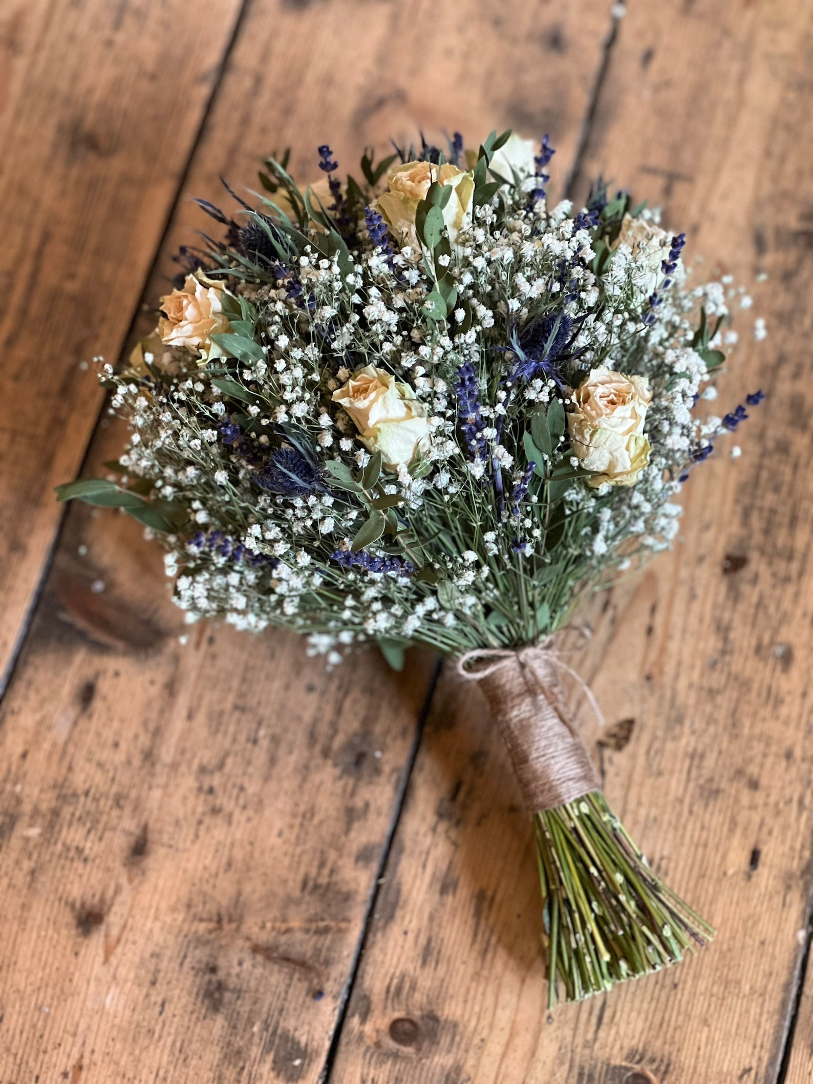 Dried Cream Rose Bouquet, Dried Blue Thistle Bouquet, Scottish Wedding ...