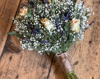 Dried cream rose bouquet, Dried blue thistle bouquet, Scottish wedding flowers, Dried gypsophila bouquet, Dried wedding flowers.