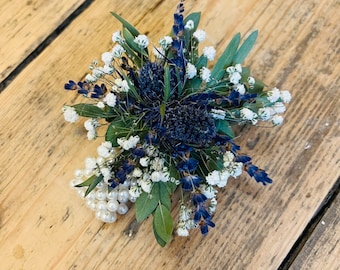 Dried flower thistle corsage, Scottish wedding, Wedding flower wrist corsage, Wedding flower bracelet, Bridesmaid flowers, Bracelet corsage.