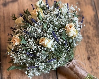 Dried rose and lavender bouquet, Dried flower bouquet, Cream rose bridal bouquet, Natural dried wedding bouquet, Dried eucalyptus bouquet.