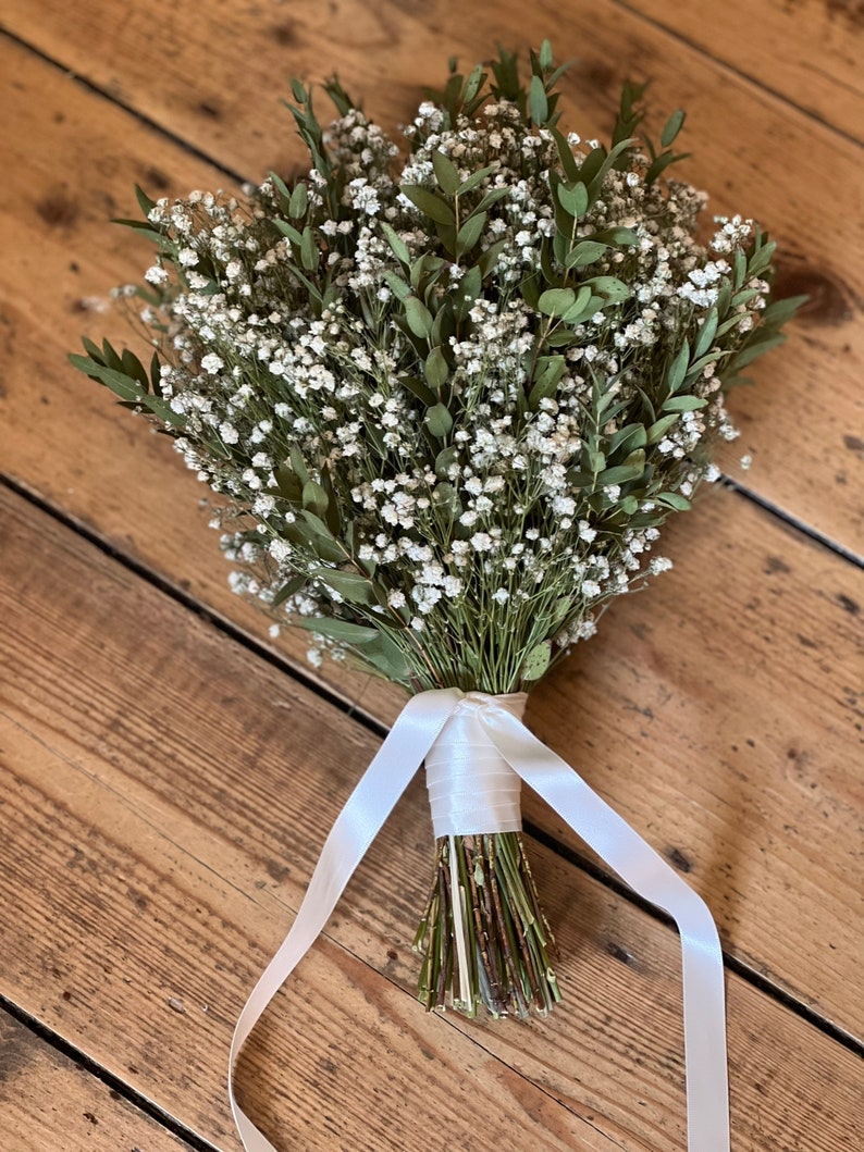 Dried gypsophila and eucalyptus bouquet, Dried bridal bouquet, Rustic wedding bouquet, Dried flower bouquet, Dried bridal flowers. image 2