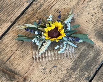 Dried flower hair comb, Wedding hair comb, Sunflower wedding hair comb, Bridal hair flowers, Bridesmaids flowers, Gypsophila hair comb