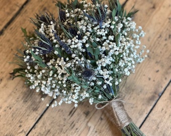 Dried blue thistle bouquet, Scottish wedding flowers, Dried flower bouquet, Dried gypsophila bouquet, Dried eucalyptus bouquet.
