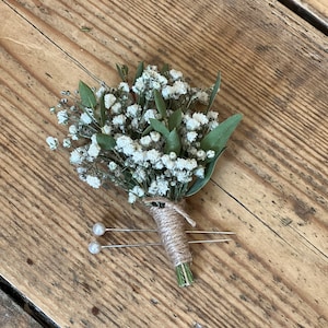 Dried gypsophila and eucalyptus buttonhole, Dried flower buttonhole, Rustic wedding flowers, Dried wedding flowers, Dried eucalyptus.