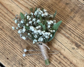 Dried gypsophila and eucalyptus buttonhole, Dried flower buttonhole, Rustic wedding flowers, Dried wedding flowers, Dried eucalyptus.