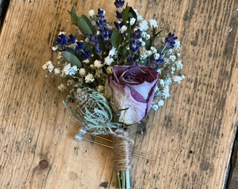 Dried dusky pink rose buttonhole, Dried green thistle buttonhole, Scottish wedding, Dried flower buttonhole, Grooms buttonhole.