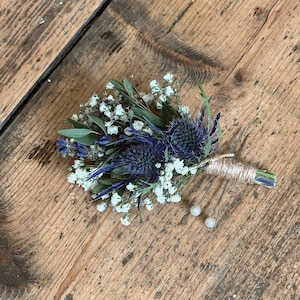 Dried blue thistle buttonhole, Grooms buttonhole, Dried flower buttonhole, Dried eucalyptus buttonhole, Scottish wedding flowers. image 5