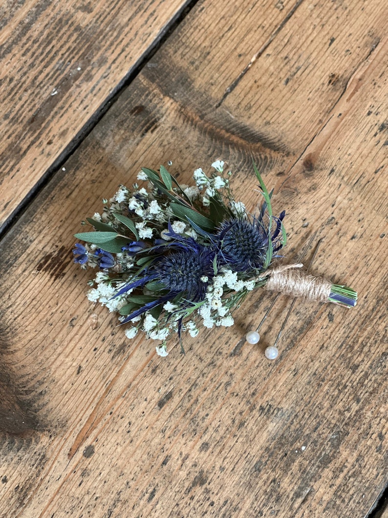 Dried blue thistle buttonhole, Grooms buttonhole, Dried flower buttonhole, Dried eucalyptus buttonhole, Scottish wedding flowers. image 5