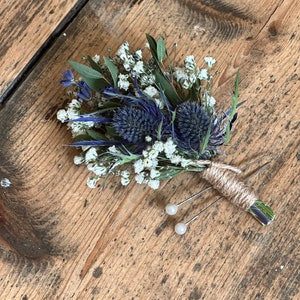 Dried blue thistle buttonhole, Grooms buttonhole, Dried flower buttonhole, Dried eucalyptus buttonhole, Scottish wedding flowers. image 8