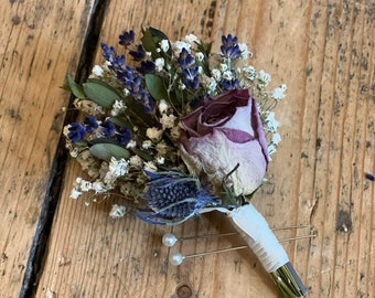 Dried thistle and rose buttonhole, Scottish wedding, Dried dusky pink rose buttonhole, Dried blue thistle buttonhole,Dried flower buttonhole