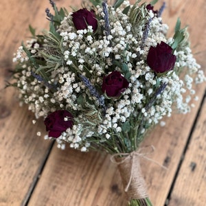 Dried red rose bouquet, Dried green thistle bouquet, Scottish wedding flowers, Dried wedding flowers, Dried flower bouquet, Dried thistles.