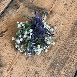 Dried blue thistle buttonhole, Grooms buttonhole, Dried flower buttonhole, Dried eucalyptus buttonhole, Scottish wedding flowers. image 2