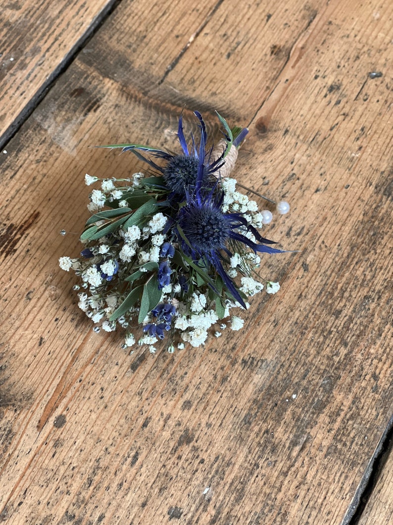Dried blue thistle buttonhole, Grooms buttonhole, Dried flower buttonhole, Dried eucalyptus buttonhole, Scottish wedding flowers. image 2