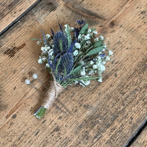 Dried blue thistle buttonhole, Grooms buttonhole, Dried flower buttonhole, Dried eucalyptus buttonhole, Scottish wedding flowers. image 7