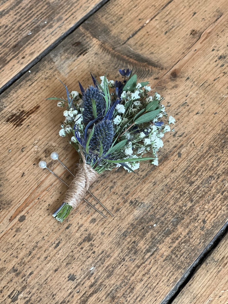 Dried blue thistle buttonhole, Grooms buttonhole, Dried flower buttonhole, Dried eucalyptus buttonhole, Scottish wedding flowers. image 7