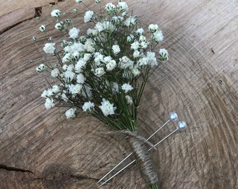 Dried Gypsophila buttonhole, Babys breath boutonniere, Dried flower buttonhole, Gypsophila buttonhole, Rustic wedding flowers.