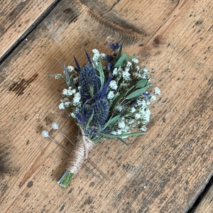 Dried blue thistle buttonhole, Grooms buttonhole, Dried flower buttonhole, Dried eucalyptus buttonhole, Scottish wedding flowers. image 1