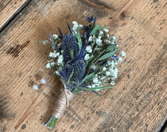 Dried blue thistle buttonhole, Grooms buttonhole, Dried flower buttonhole, Dried eucalyptus buttonhole, Scottish wedding flowers.