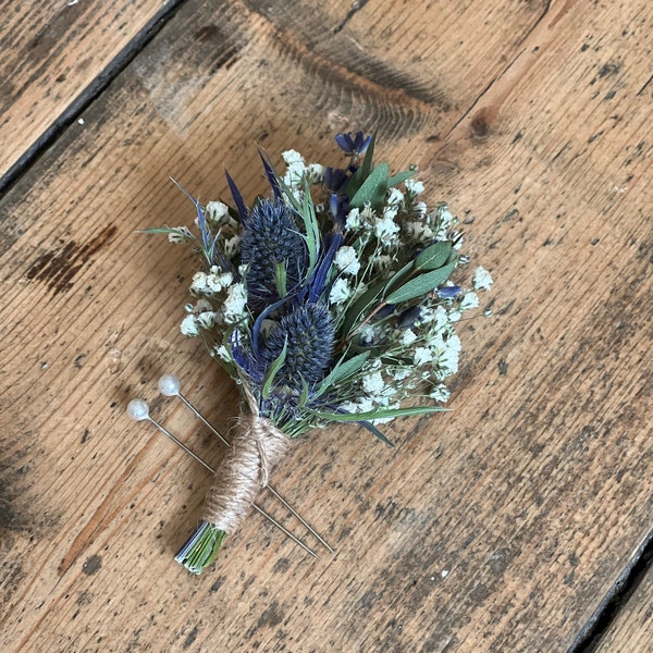 Dried blue thistle buttonhole, Grooms buttonhole, Dried flower buttonhole, Dried eucalyptus buttonhole, Scottish wedding flowers.