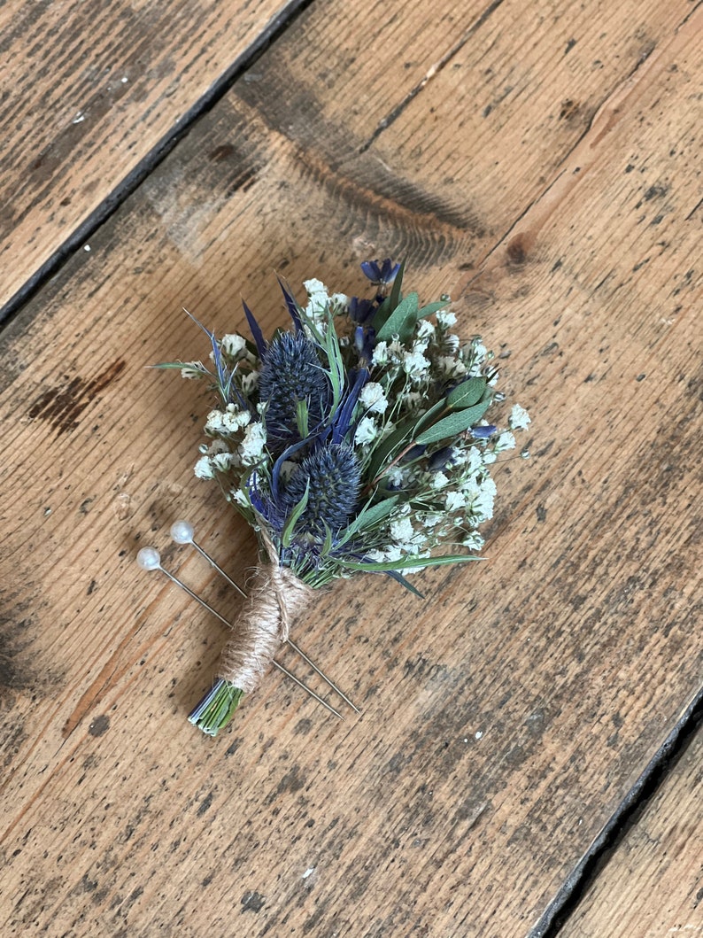 Dried blue thistle buttonhole, Grooms buttonhole, Dried flower buttonhole, Dried eucalyptus buttonhole, Scottish wedding flowers. image 1