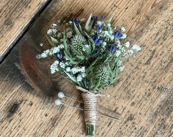 Dried thistle buttonhole, Dried flower buttonhole, Grooms buttonhole, Dried gypsophila buttonhole, Green thistle buttonhole,Scottish wedding