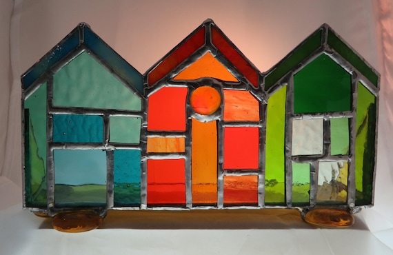 Stained Glass Beach Huts Sun Catcher Candleholder Etsy