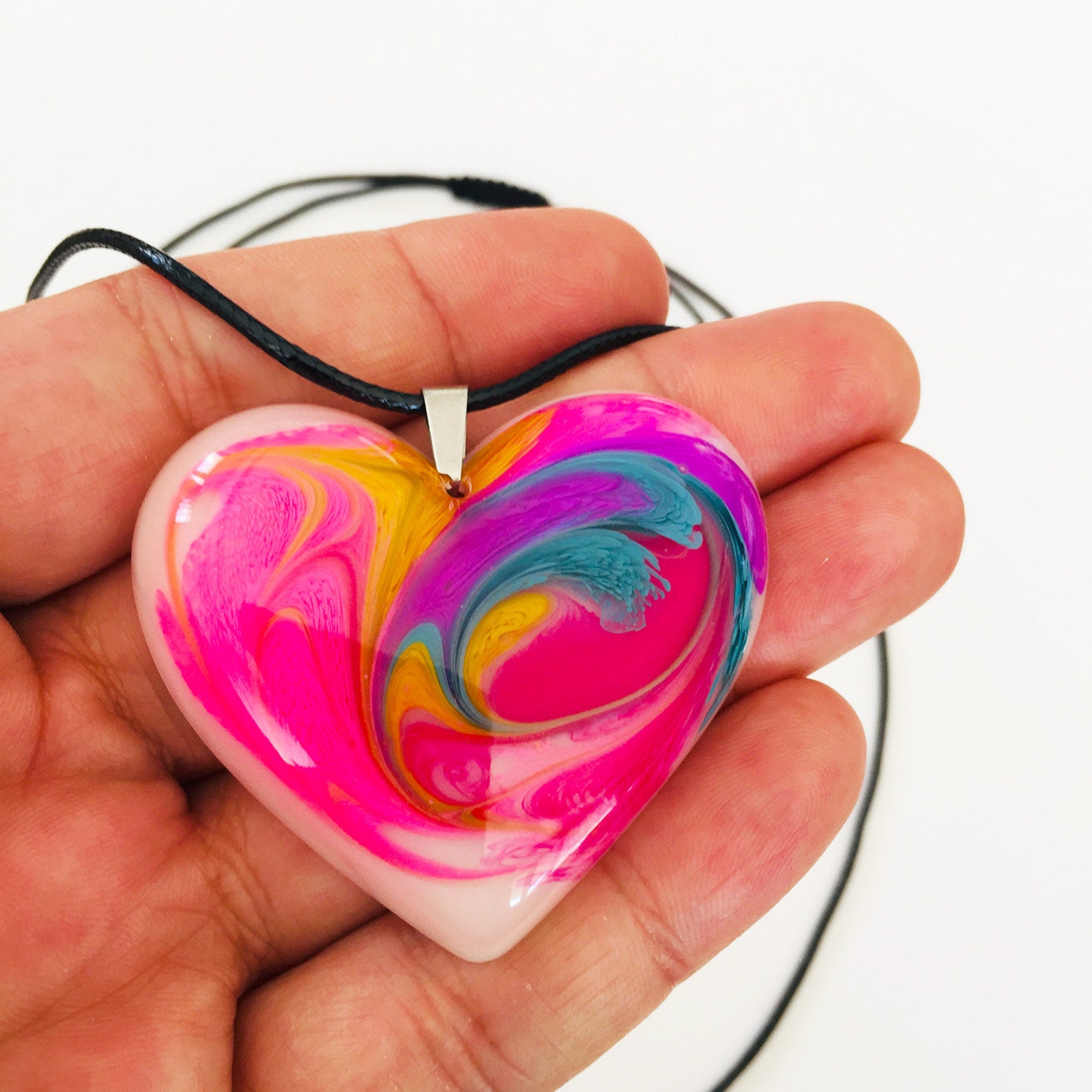 Heart Pendant Resin Art Necklace With Adjustable Cotton Cord Etsy