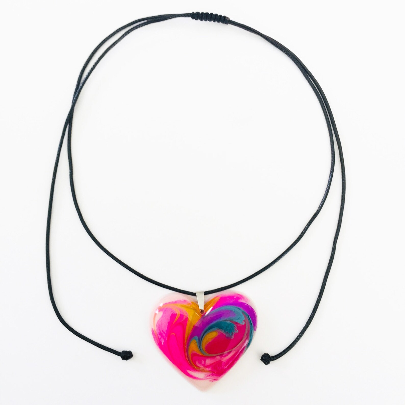 Heart Pendant Resin Art Necklace With Adjustable Cotton Cord Etsy