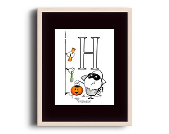 Série 1 - H é para Halloween - Arte de parede ilustrada com cupcake de desenho animado