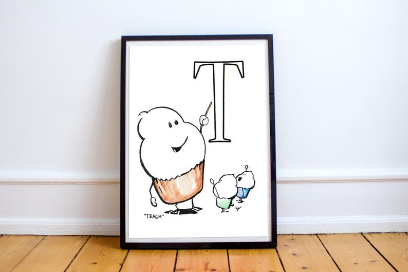 Series 1 T is for Teach Cartoon Cupcake Illustrated Wall Art image 2