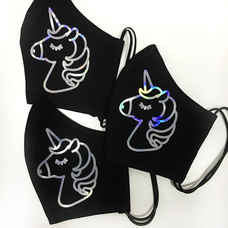 unicorn print face mask with filter pocket holographic