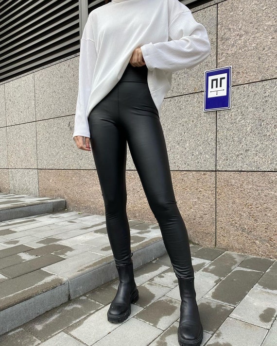 Extra Tall Matte Vegan Leather Leggings, Long High-waisted Matte Leather  Jeggings 