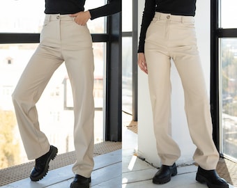 Flare Vegan Leather Lined Leggings, High-Waisted Wide-Leg Pants, Bell Bottom Leather Trousers