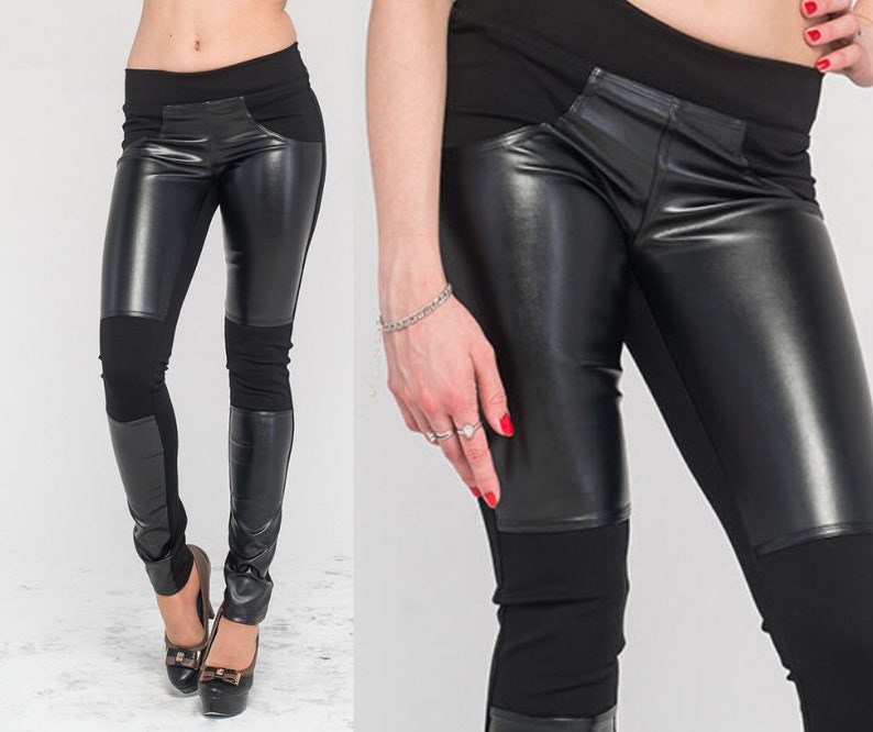 Luxury Vegan Leather Patched Leggings Tummy Contol Knee Patch - Tall High Waisted Faux Leather Pants Luxury Vegan Leather Patched Leggings Tummy Contol Knee Patch - Tall High Waisted Faux Leather Pants
